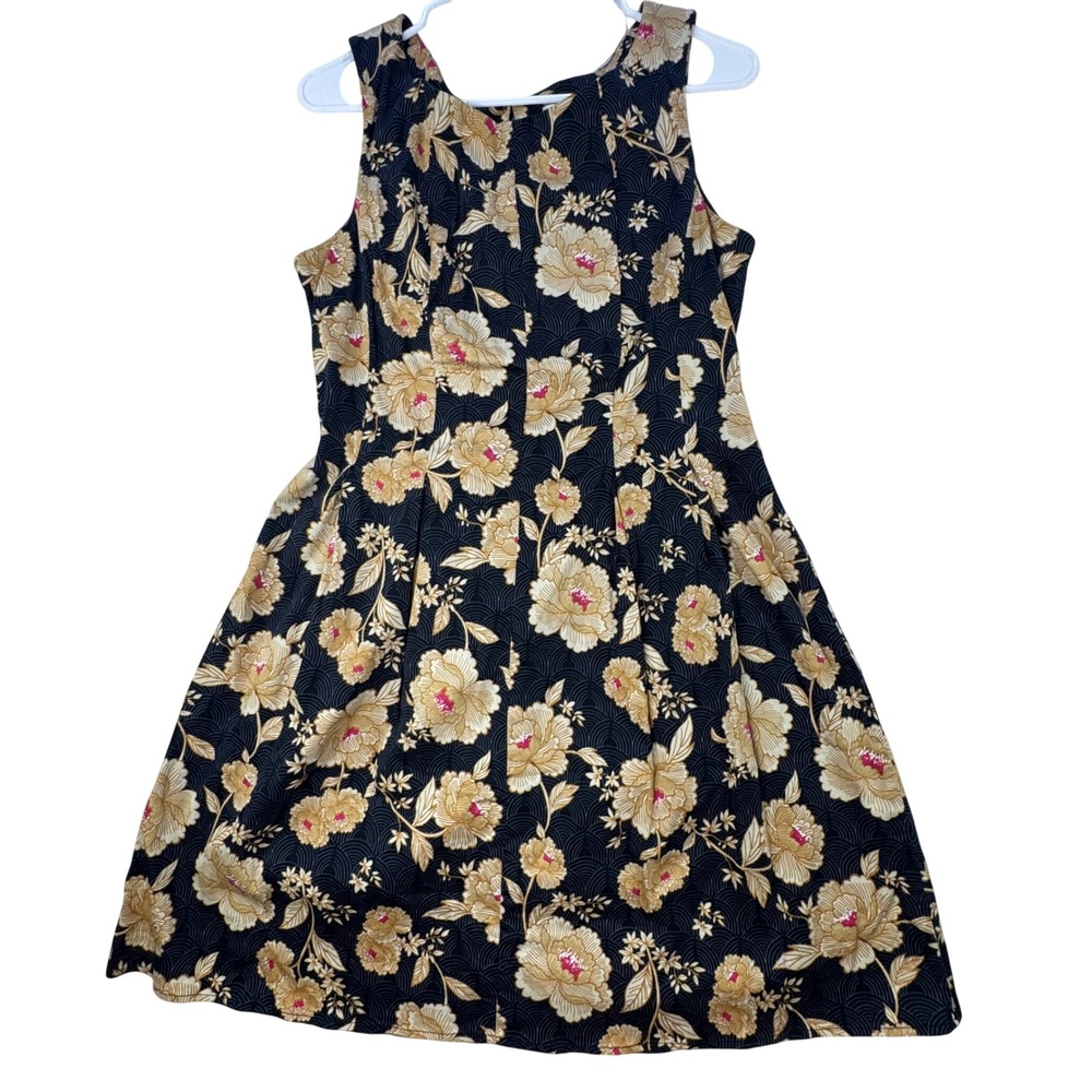 Sunny Girl Floral Fit & Flare Dress Womens L Black Gold Sleeveless Retro Mod